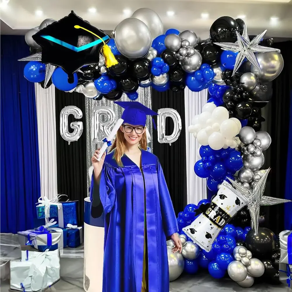 Royal Blue and Black White Silver balloon kit 110PCS with Graduation Cap